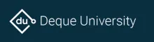 The image contains the logo of Deque University, with a dark blue background. The logo includes a geometric diamond-shaped design with the letters "du" inside, followed by the text "Deque University" in a clean, sans-serif font.